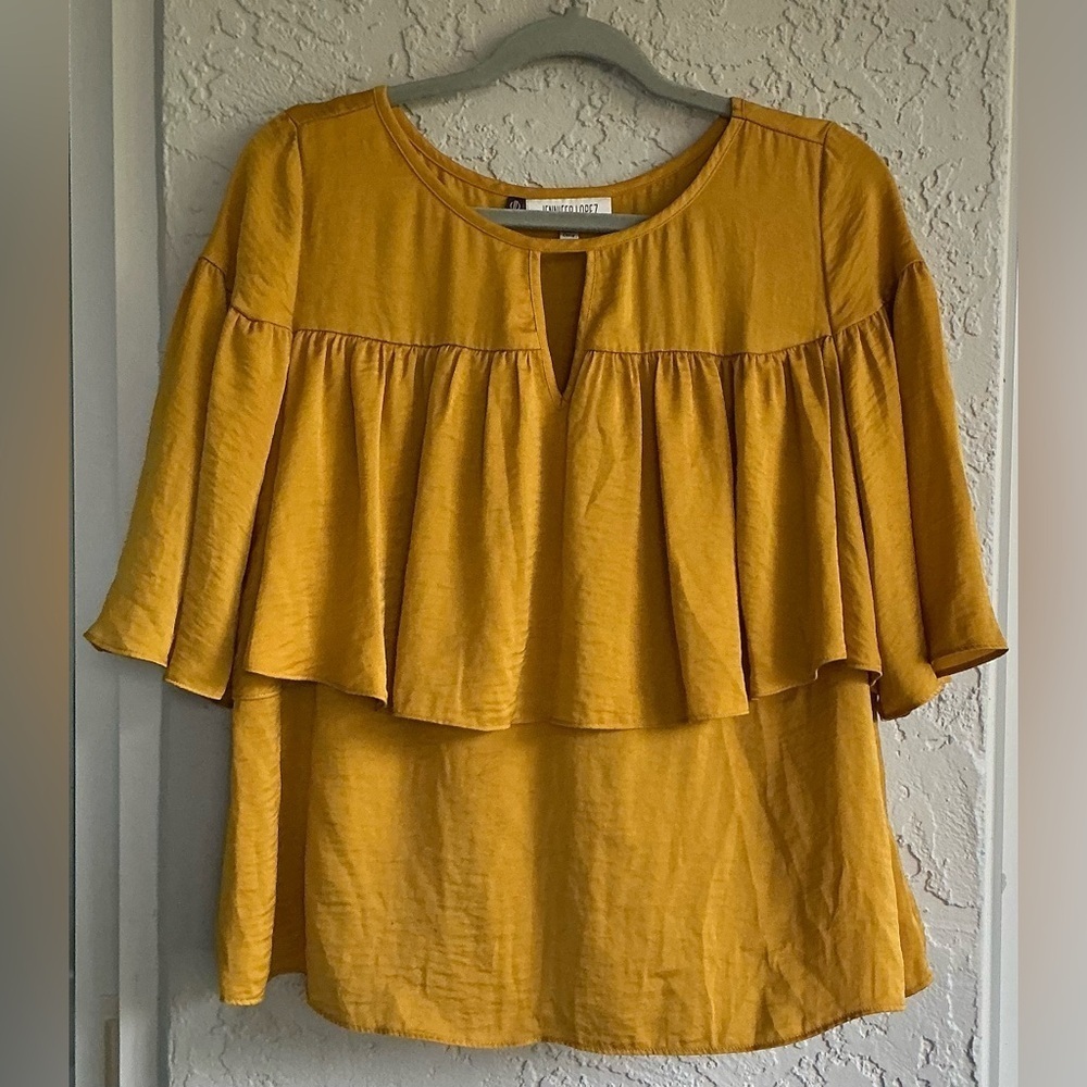 Jennifer Lopez Mustard Yellow Ruffled Blouse